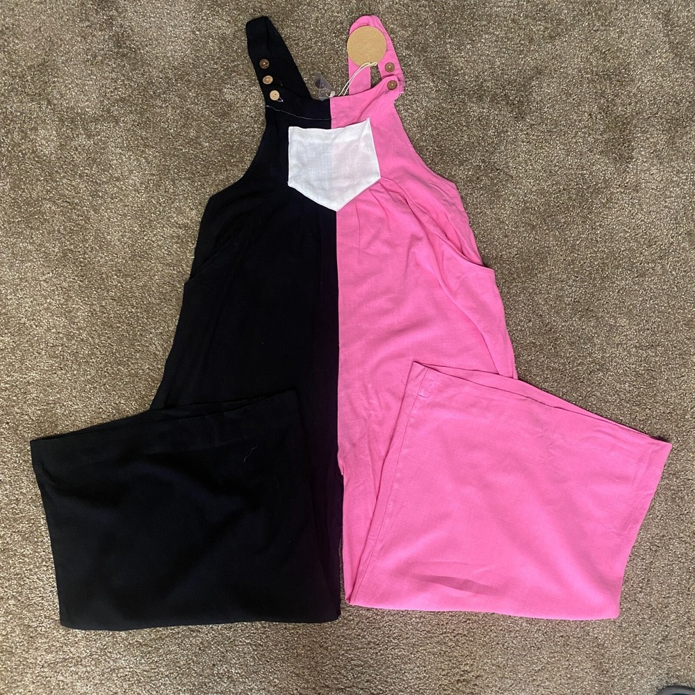Bibi Linen Jumpsuit Wide Leg Women’s Small Black Pink Colorblock Lagenlook